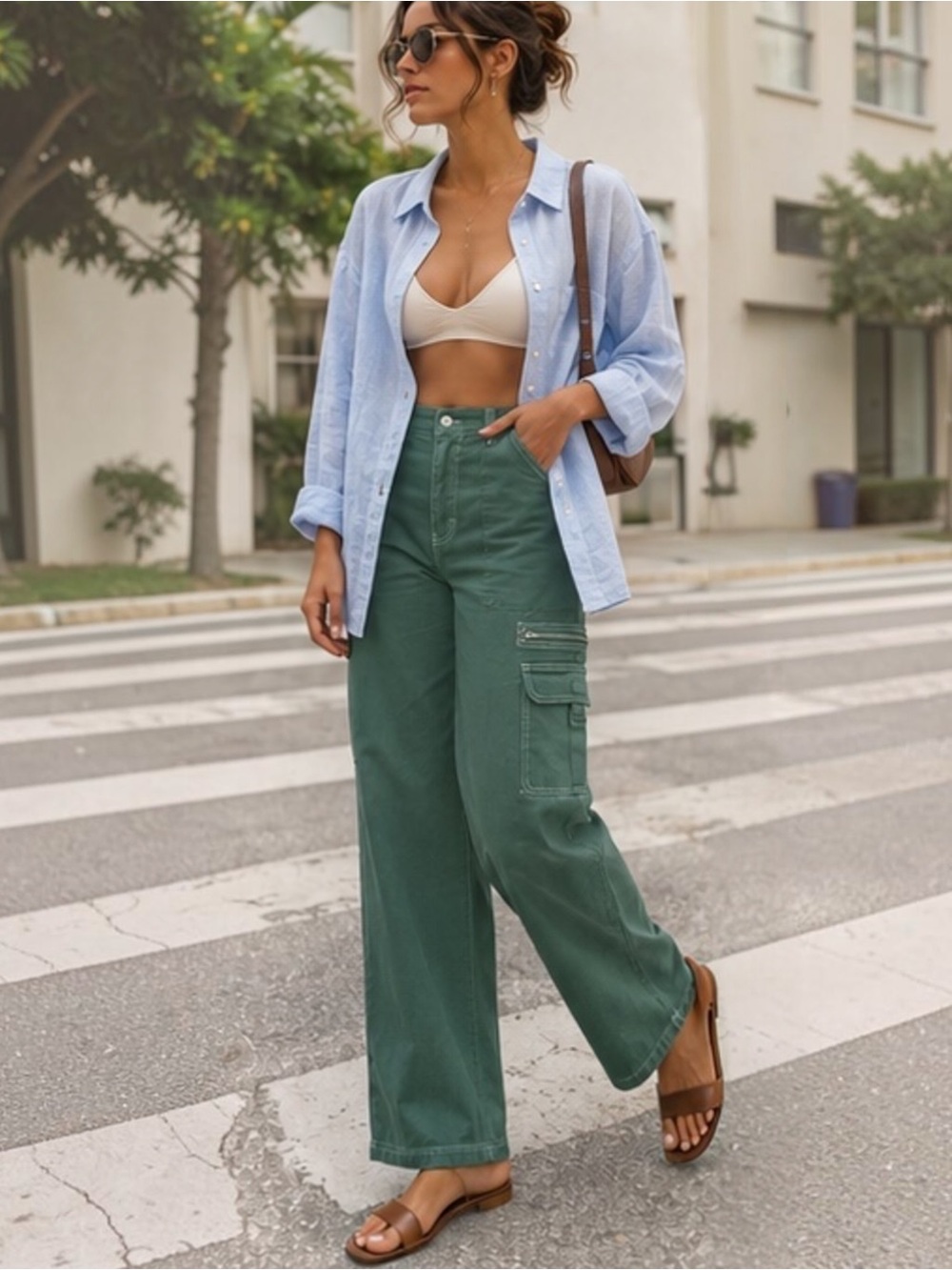 Rachel Paige High Rise Wide Leg Cargo Pants Green Cotton Stretch Sz S